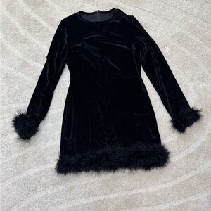 Elegant Black Velvet Dress with Feather Trim